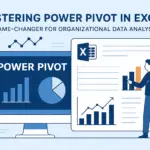 Flat-style banner showing Power Pivot in Excel with charts, graphs, and a professional using an Excel dashboard for organizational data analysis.