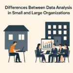 Illustration comparing data analysis in small and large organizations, with one person working solo beside a small building and a team collaborating in a large office setting.
