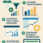 An infographic showing four Excel techniques for advanced year-based data analysis: dynamic year filtering with bar charts, pivot table grouping with time-series line charts, automation of year-specific reports with trend graphs, and time-based slicers in dashboards, all using colorful icons and a clean layout.