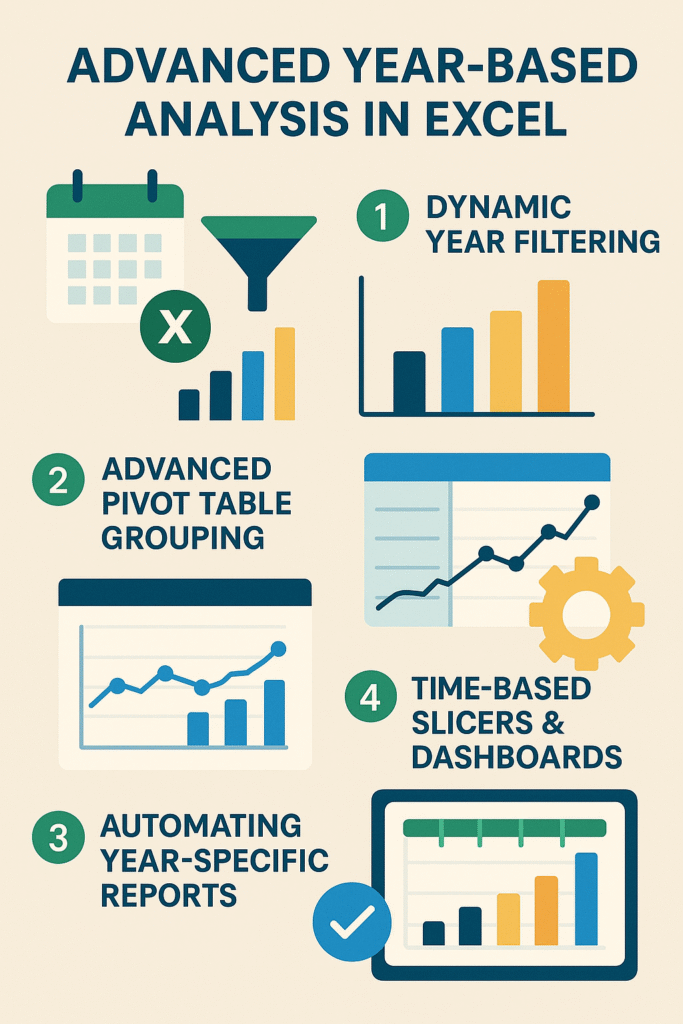 An infographic showing four Excel techniques for advanced year-based data analysis: dynamic year filtering with bar charts, pivot table grouping with time-series line charts, automation of year-specific reports with trend graphs, and time-based slicers in dashboards, all using colorful icons and a clean layout.