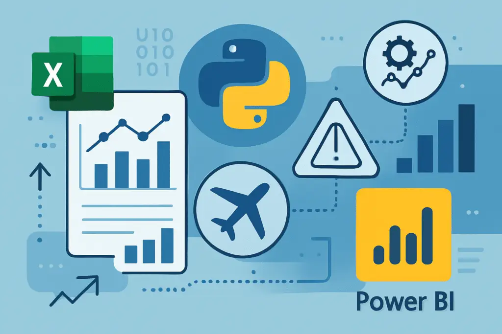 Integration diagram illustrating Excel, Python, and Power BI working together for aviation crew report analysis and predictive safety.